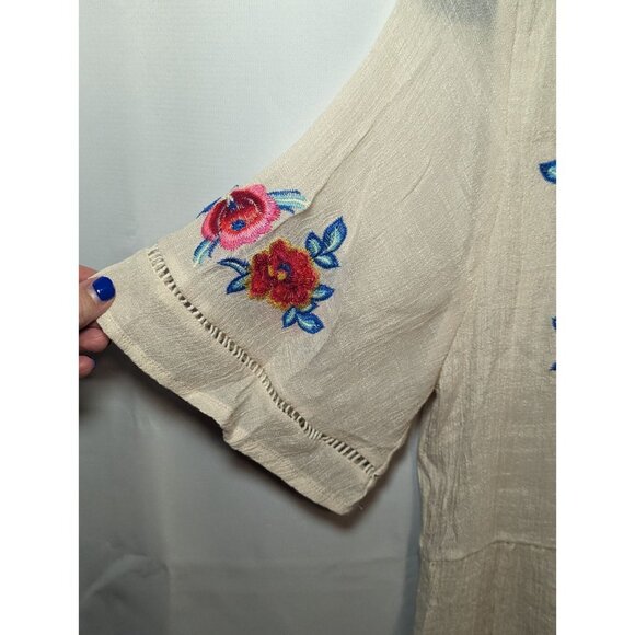 Umgee Beige Heavy Embroidered Floral Print Short Sleeve Dress Size Medium Boho - Picture 2 of 15